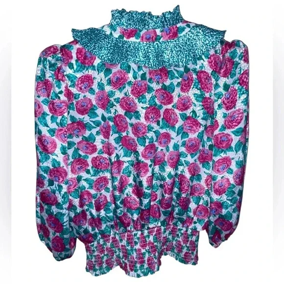 Vintage 80’s Susan Freis Floral Ruffle Blouse Made In USA Women’s Size XS Boho - Picture 2 of 6
